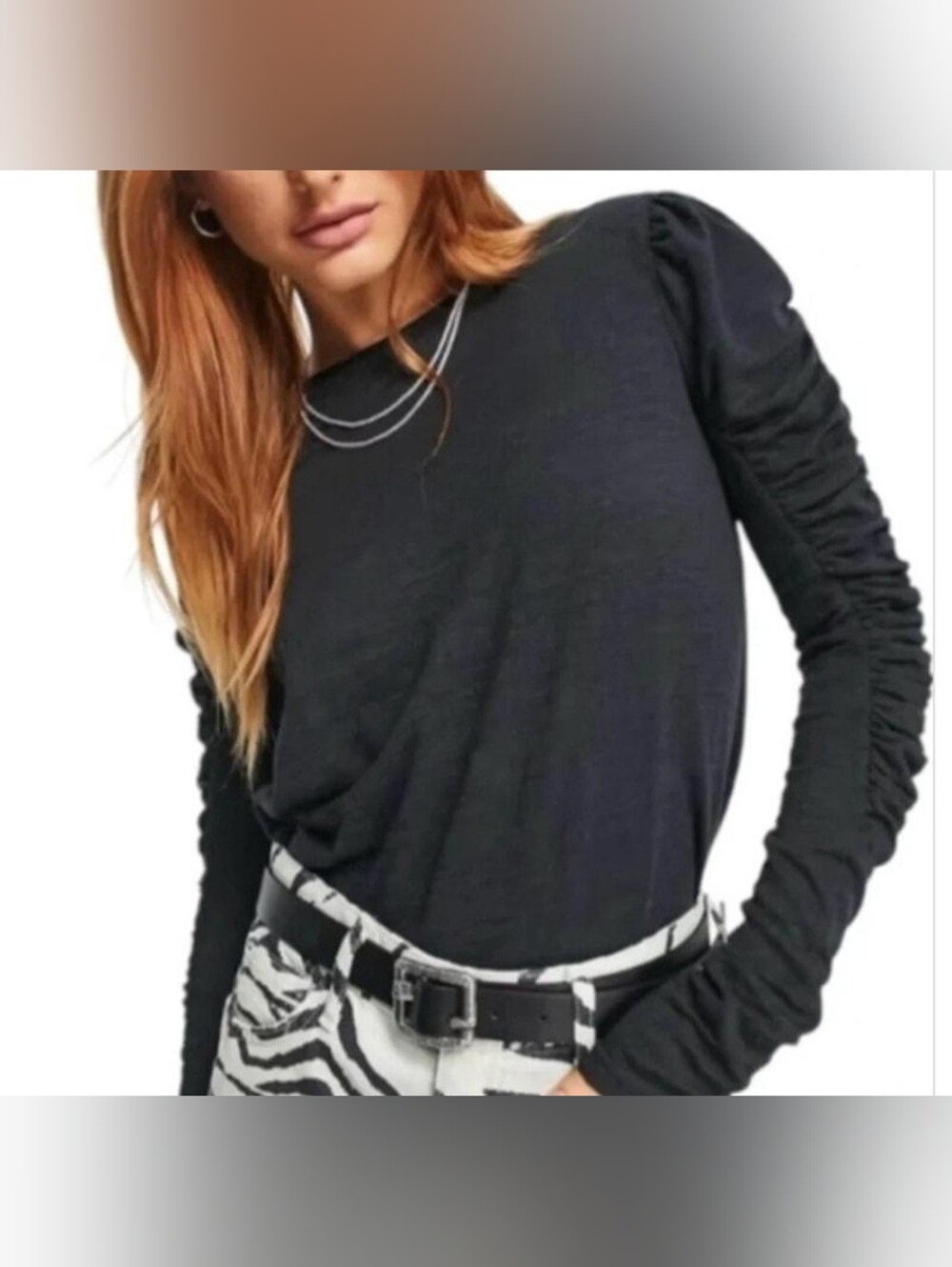 We The Free Charcoal Ruched-Sleeve Long Sleeve Tee